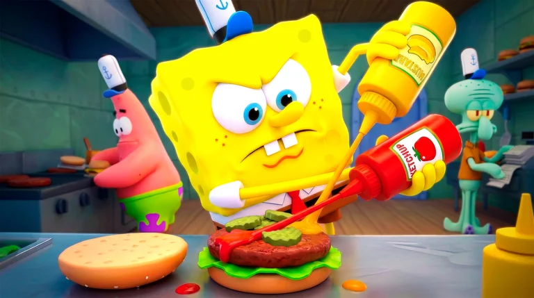 Official promotional illustration of a Krabby Patty being assembled